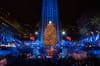 A wide view of the spectacularly lit Rockefeller Christmas Tree Lighting Ceremony in Rock Center in 2018.