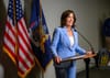 Hochul at a podium wearing a light blue suit on June 20, 2024.